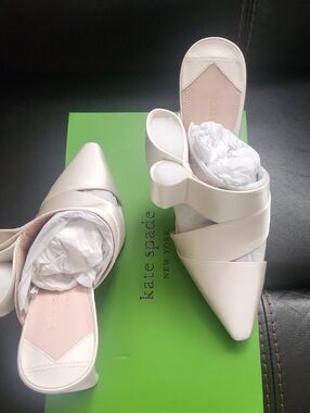 kate spade Blush Cream Pointed-Toe Slide Mules with Bow Accent